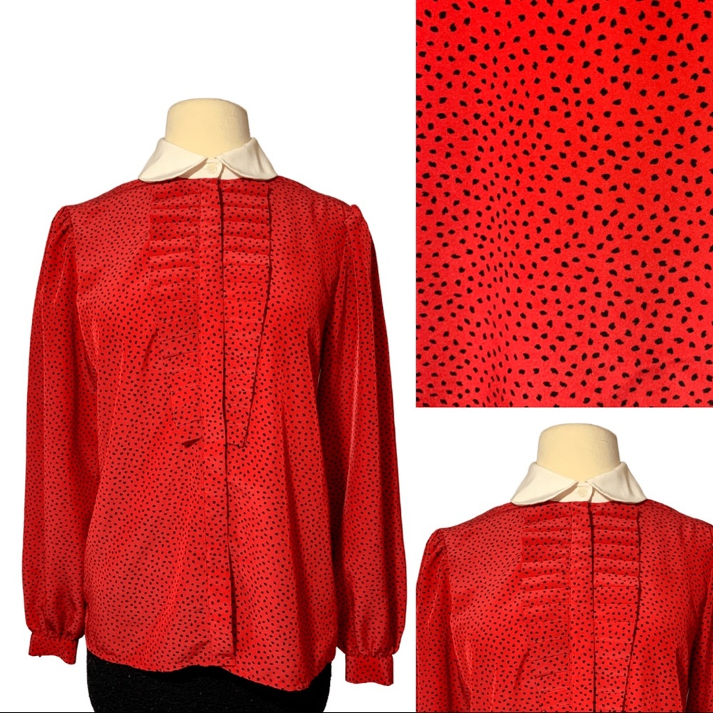 Vintage 1980's Polka Dot Peter Pan Collar Ruffle Front Blouse